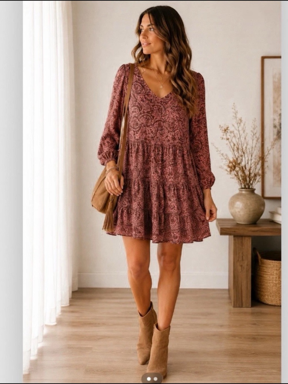 Lucky Brand Women's Long Sleeve Tiered V-Neck Paisley Dress in Dusty Rose Medium